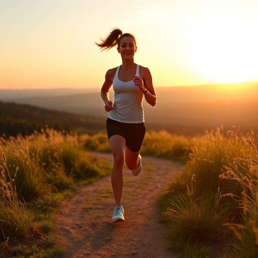 A woman jogging on a scenic trail at sunrise, wearing athletic clothing and headphones