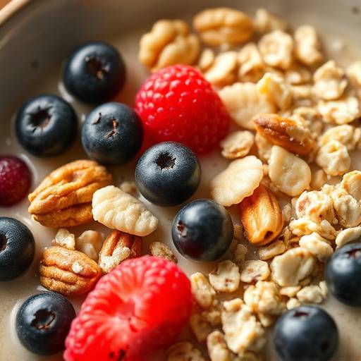 Bowl of oatmeal topped with fresh berries and nuts