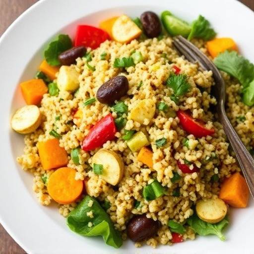 Close-up of a quinoa salad with roasted vegetables, herbs, and a lemon vinaigrette