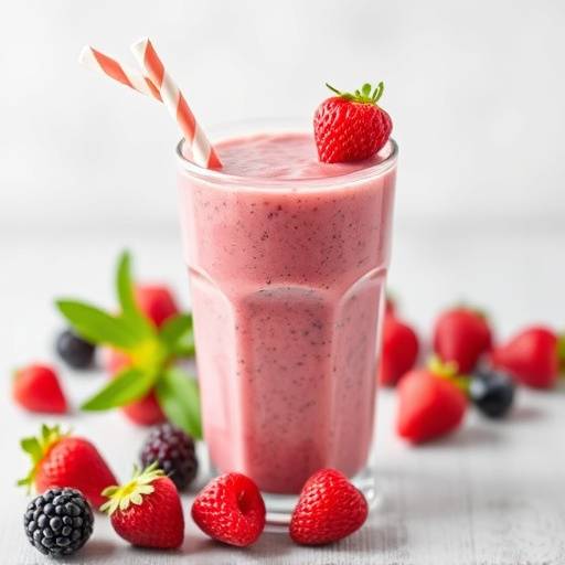 Glass of berry smoothie with a straw and fresh berries on the side