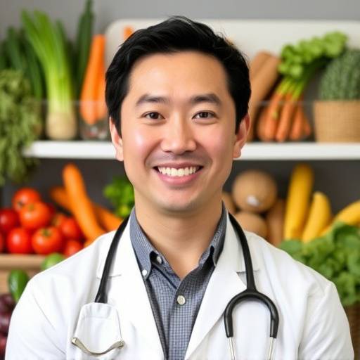 Portrait of David Chen, a registered dietitian, standing in front of a healthy food display.