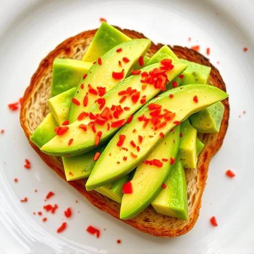 Sliced avocado on whole-grain toast with a sprinkle of red pepper flakes